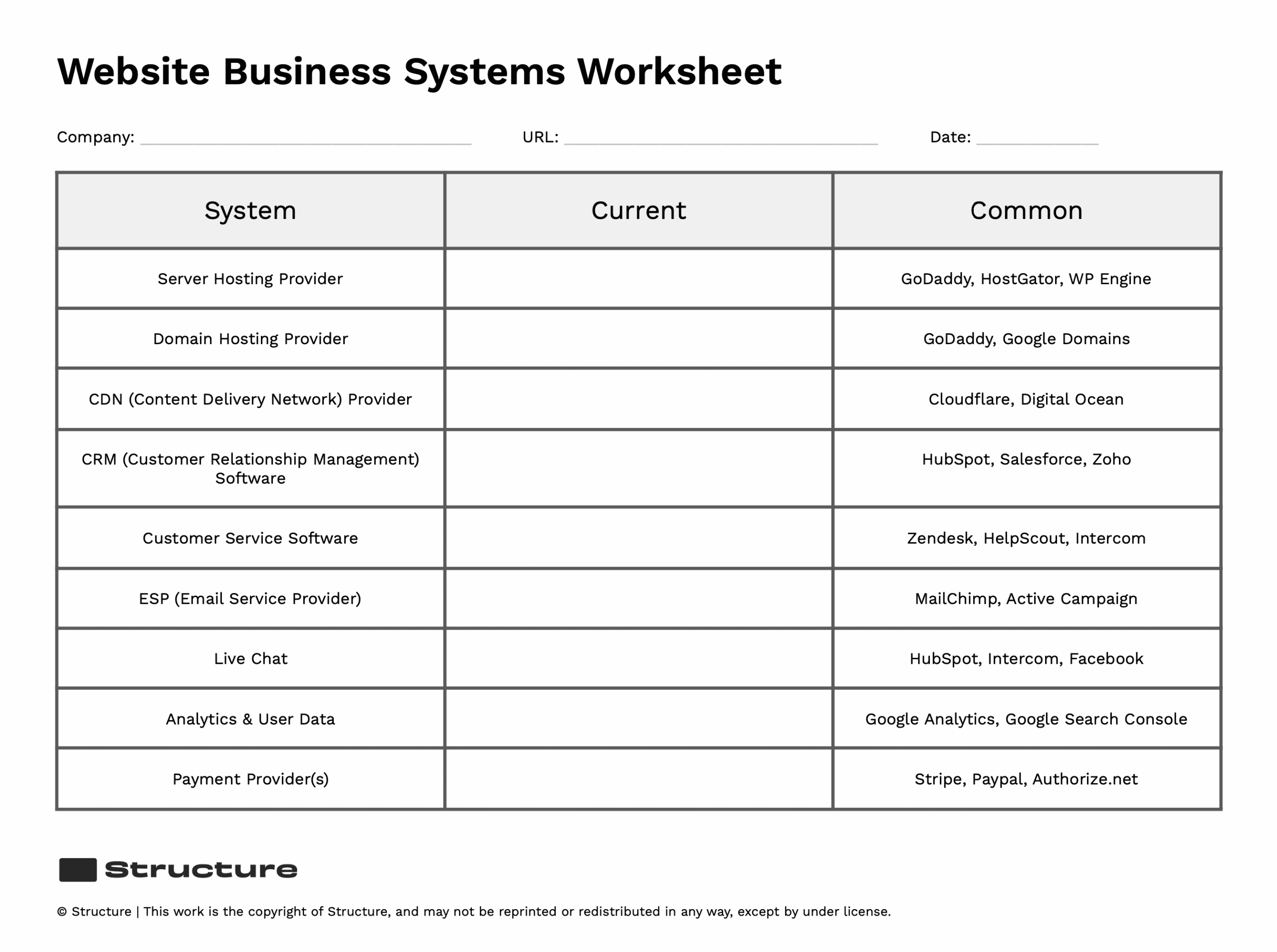 Website Business Systems Worksheet