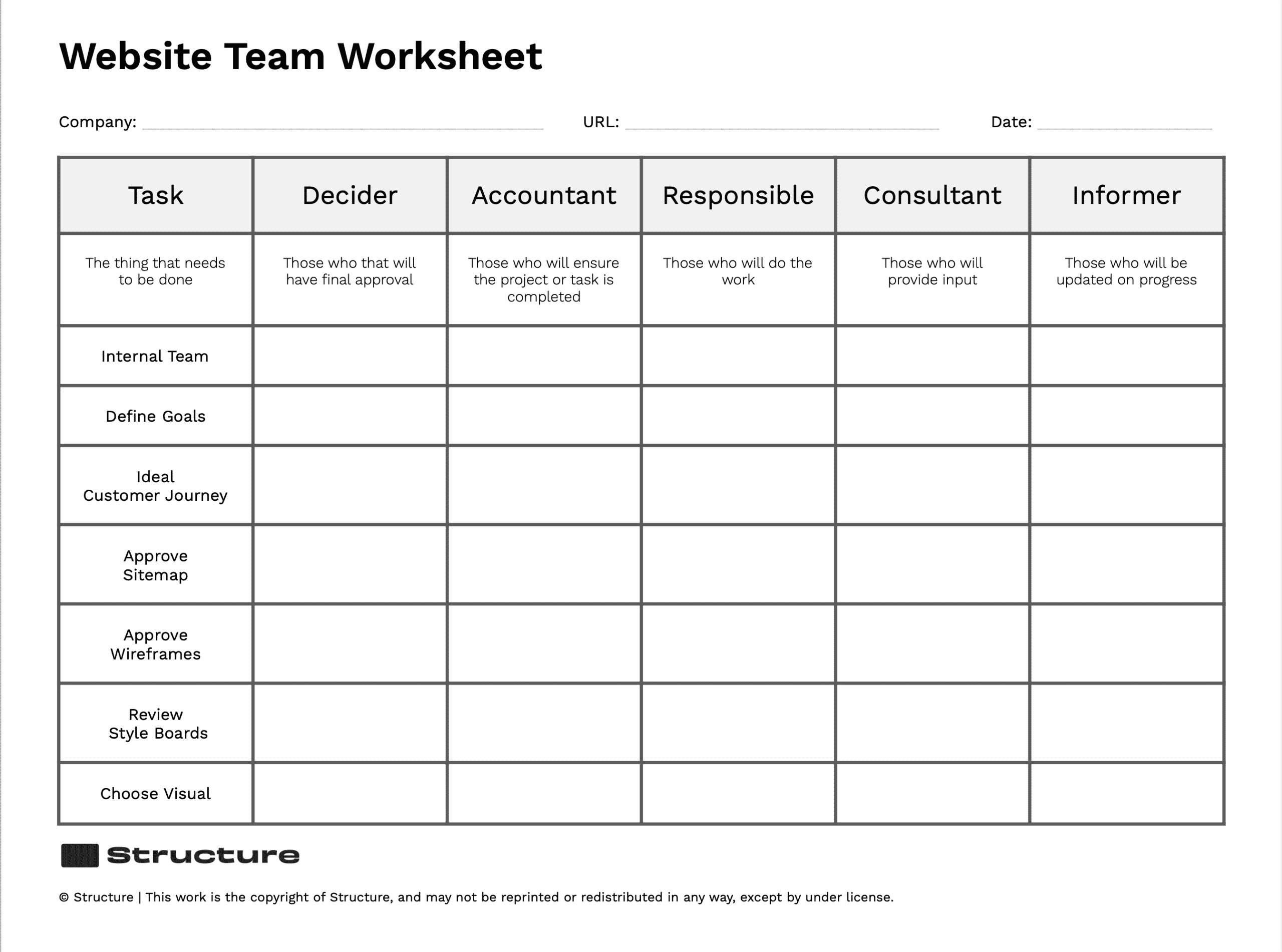 Website Team Worksheet 1 from the Structure Website Design Planning Guide