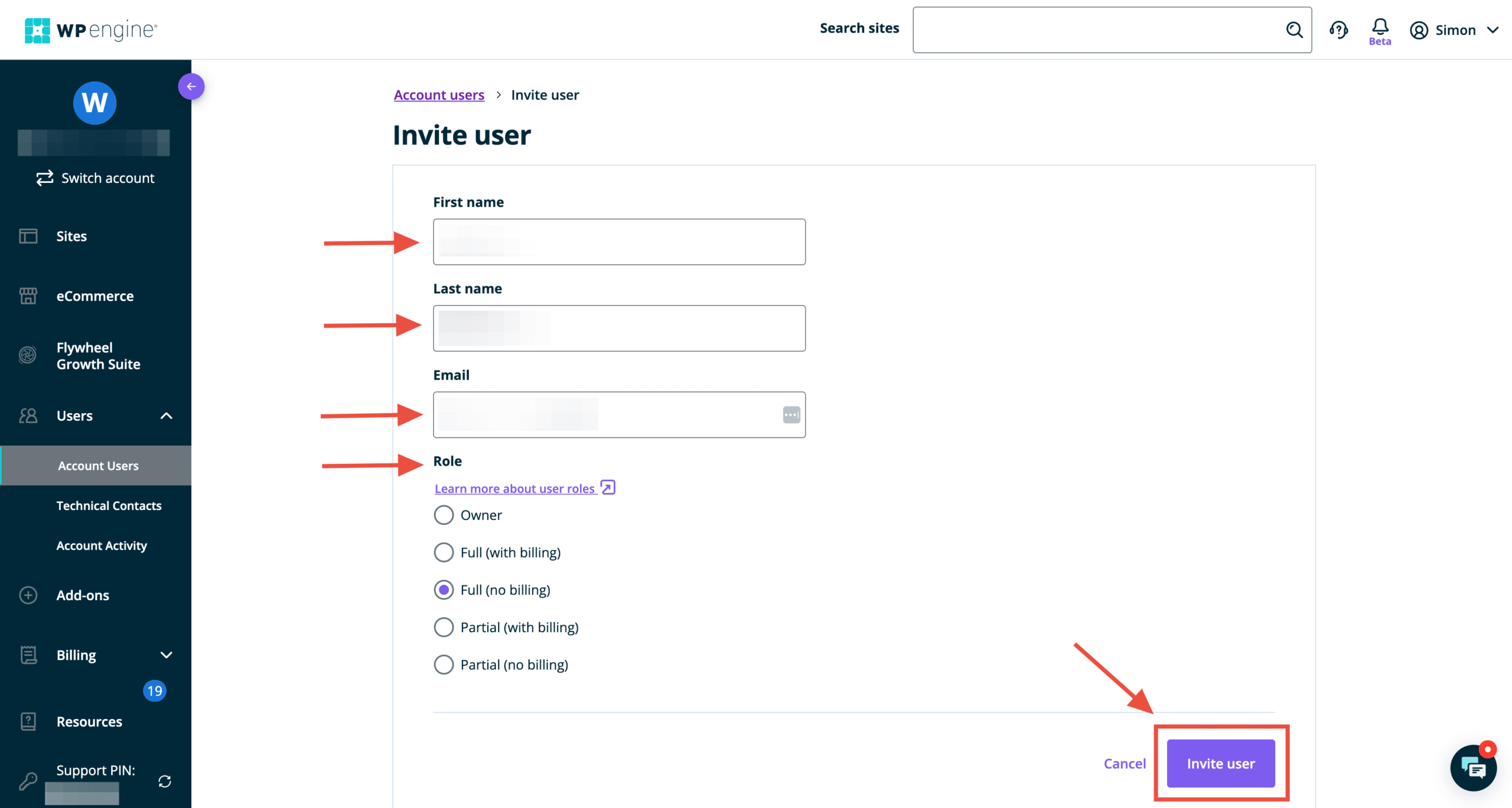 Add a WP Engine user by Opening the Users page, click the Add User button, fill in the fields, and click Invite user.-add