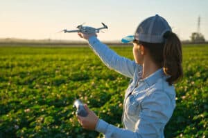 Drone flying over a crop field, capturing data for precision farming.